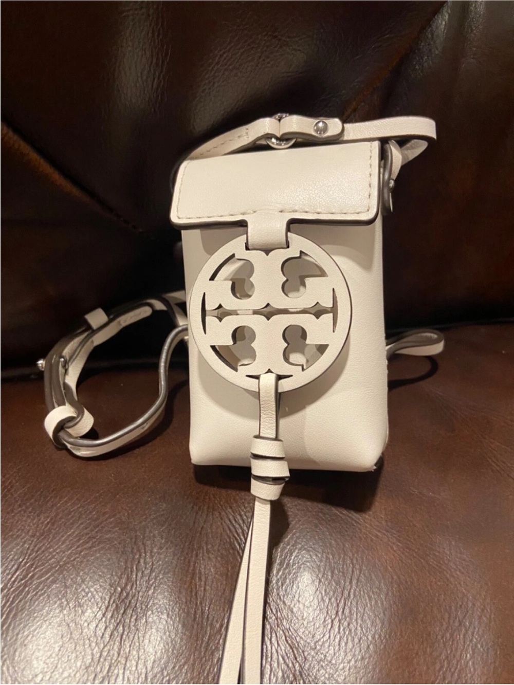 Tory Burch Small White Leather Crossbody with Logo Medallion